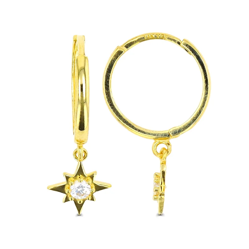 women statement gold earrings -14KT Yellow Gold 2.5MM Hoop Earrings with Dangling Star