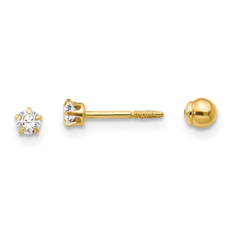 women gold stud earrings -14KT Yellow Gold Crystal 3MM Reversible Stud Earrings