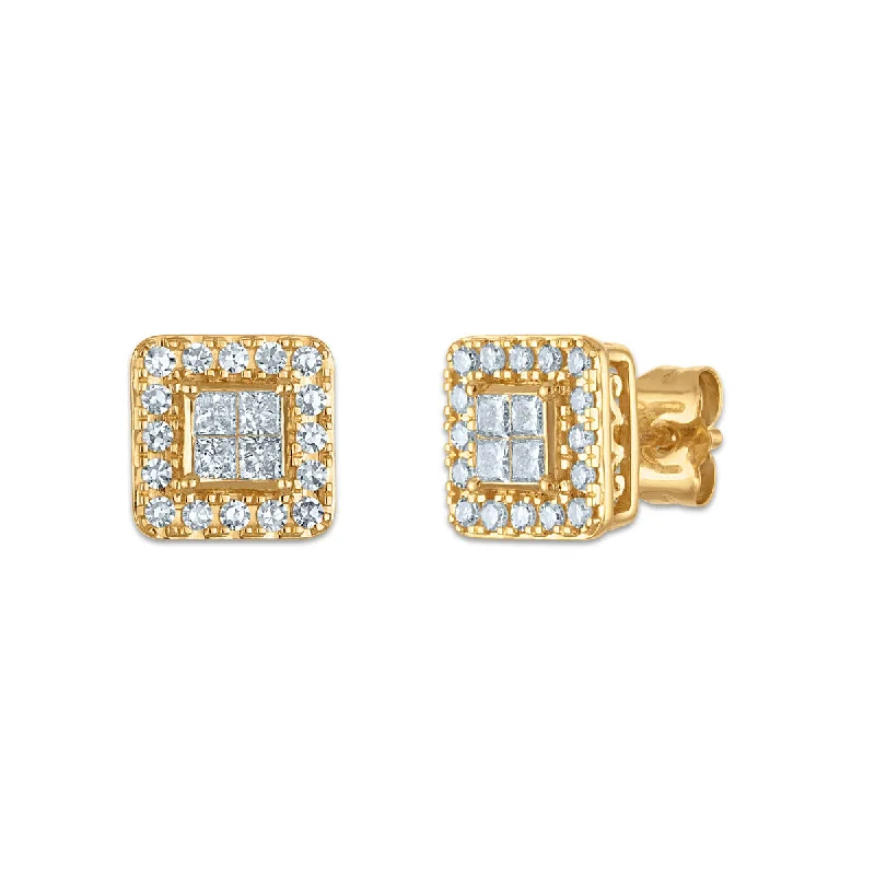 women luxury pearl earrings -Red Hot Deal 1/2 CTW Princess Cut Lab Grown Diamond Stud Halo Earrings in 14KT Yellow Gold