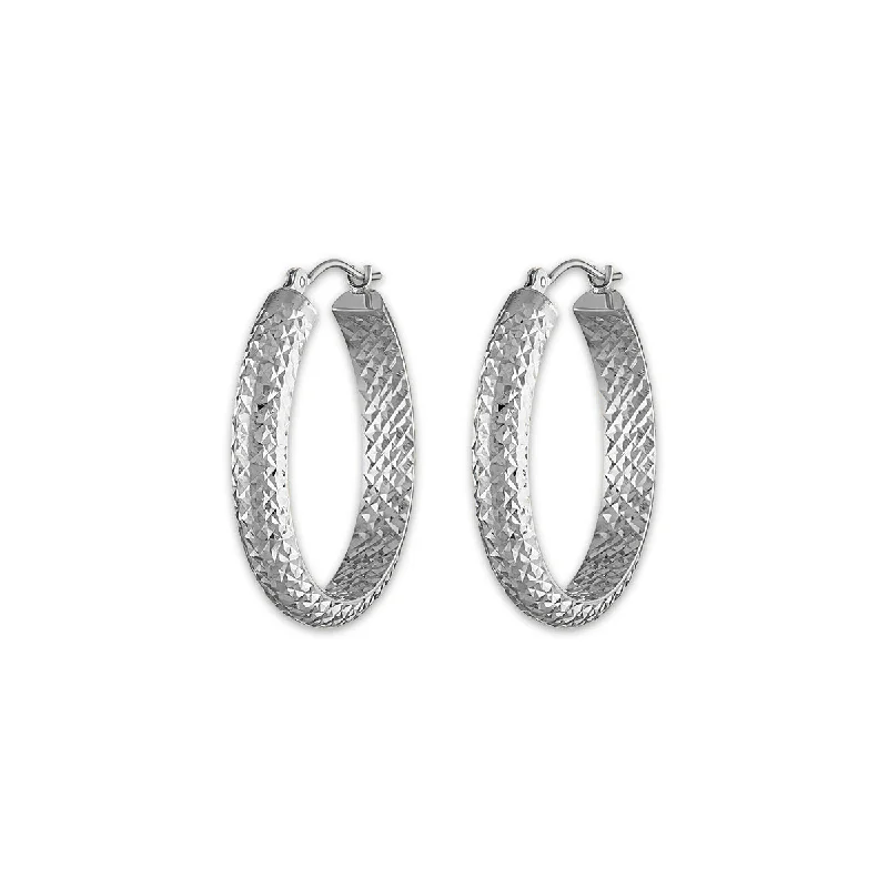 women pearl earrings -10KT White Gold 4.5X23MM Hoop Diamond-cut Earrings