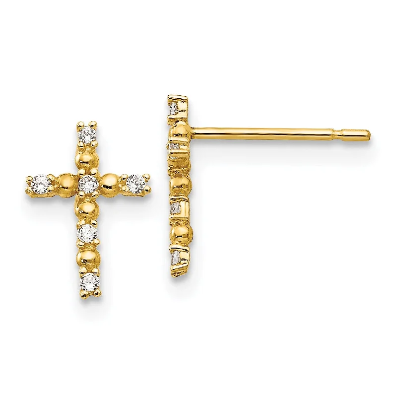 women minimalistic earrings -14KT Yellow Gold Cubic Zirconia 10X7MM Childrens Cross Stud Earrings