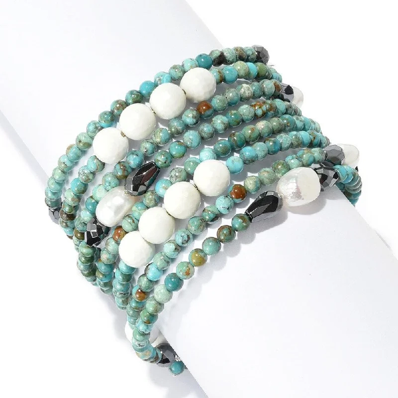 women charm bracelets -10 x 8mm Cultured Pearl, Hematite & Turquoise Beaded Wrap Bracelet