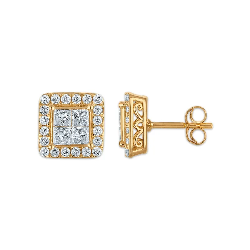 women luxury gold earrings -Red Hot Deal 1-1/2 CTW Princess Cut Lab Grown Diamond Halo Stud Earrings in 14KT Yellow Gold