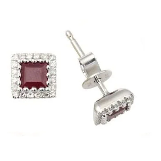 women affordable gold earrings -3.6MM Square Ruby and Diamond Halo Stud Earrings in 14KT White Gold