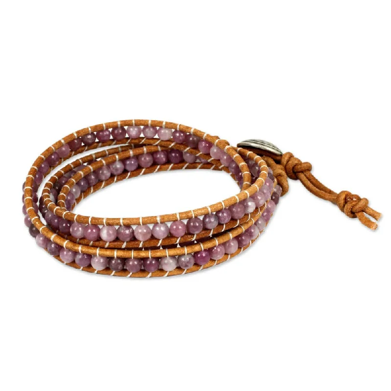 women gold bracelets -Handmade Silver Leather 'Hypnotic Rose' Lepidolite Bracelet (Thailand)