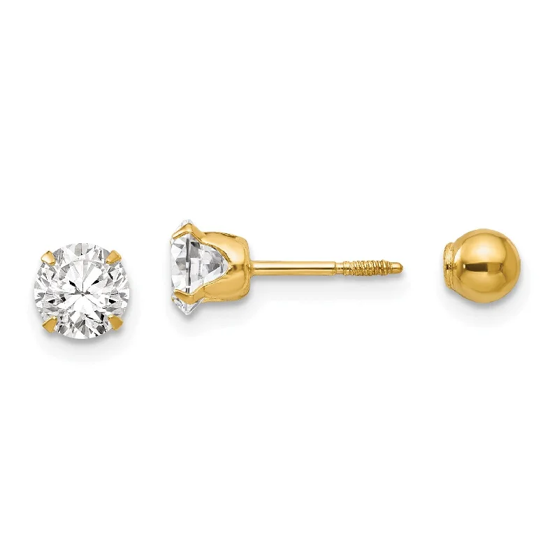 women fashion earrings -14KT Yellow Gold 5MM Cubic Zirconia Reversible Stud Earrings