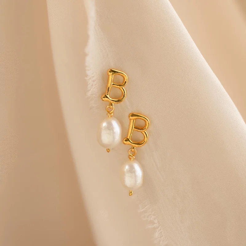 women oversized earrings -Initial Pearl Drop Studs