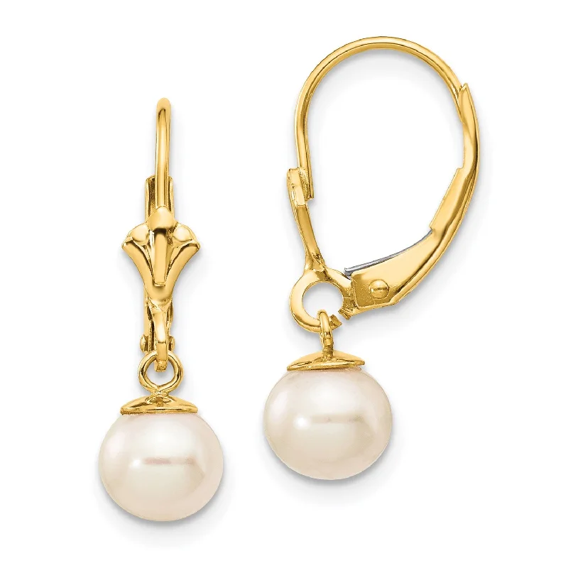 women luxury gold earrings -6MM Round Pearl Leverback Earrings in 14KT Yellow Gold