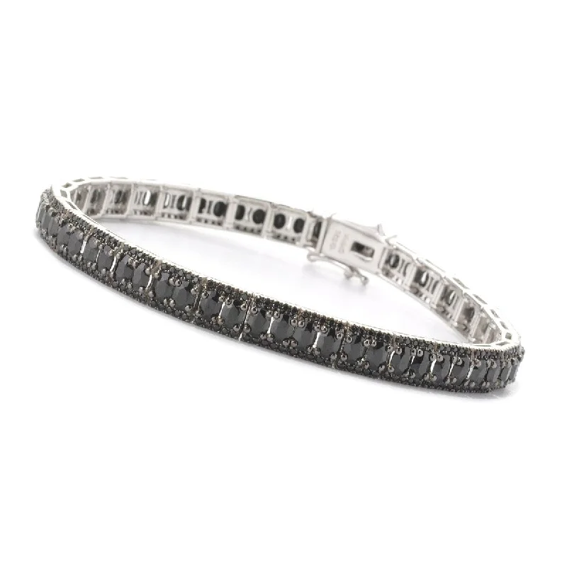 women chic bangle bracelets -Pinctore Sterling Silver 14.5ctw Black Spinel Oval & Round Tennis Bracelet