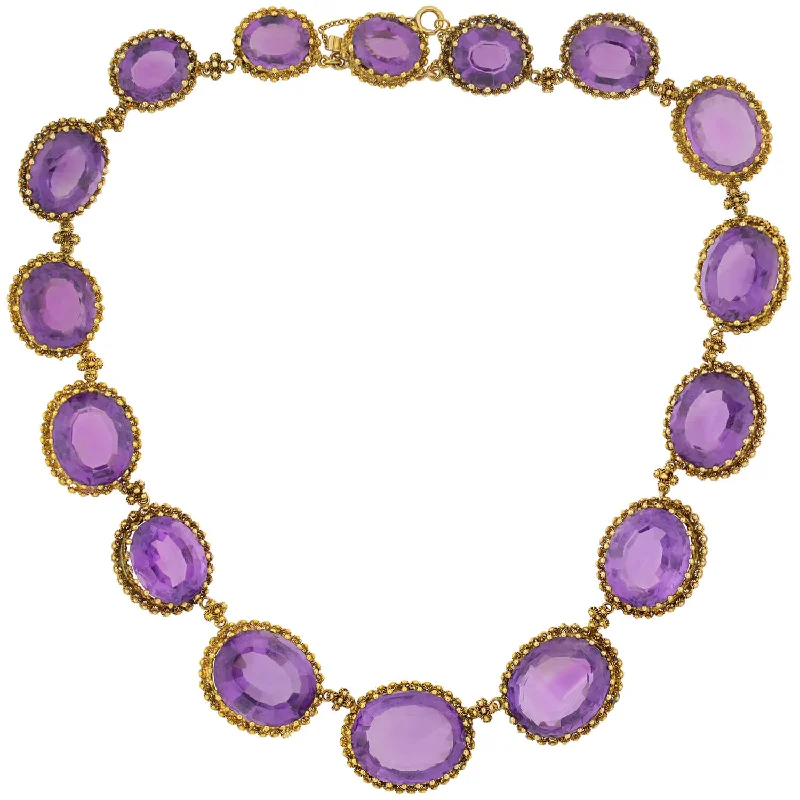 women classic necklaces -Victorian Large 15kt Faceted Amethyst + Cannetille Wirework Link Necklace 14.5"