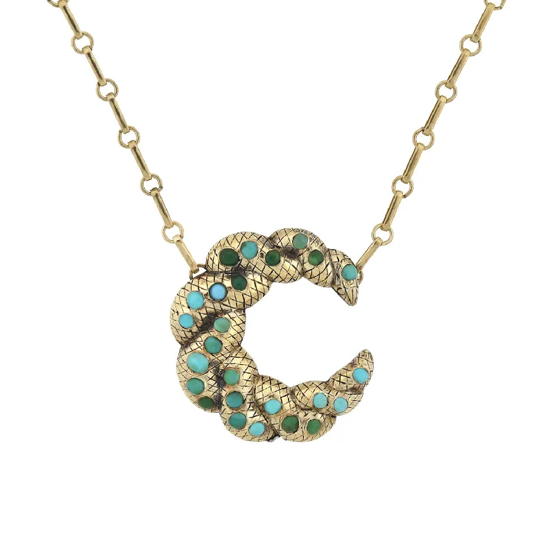 women fashion necklaces -Victorian Sterling Gilt Turquoise Crescent Pendant Necklace 16"