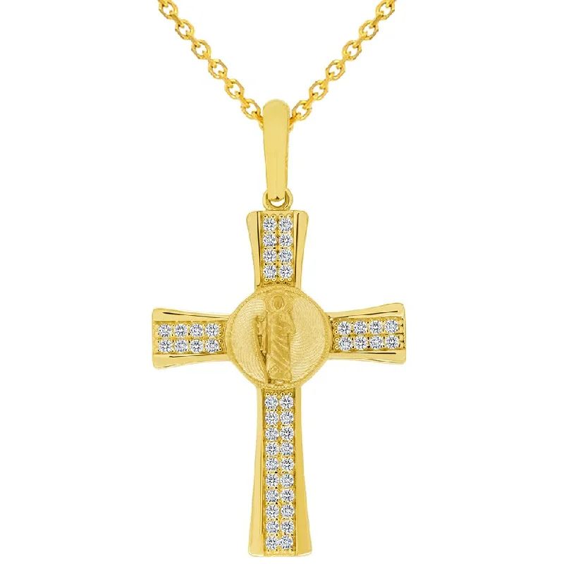 women vintage pendant necklaces -14k Yellow Gold Cubic Zirconia Saint Jude Cross Pendant with Rolo Cable, Cuban Curb, or Figaro Chain Necklace