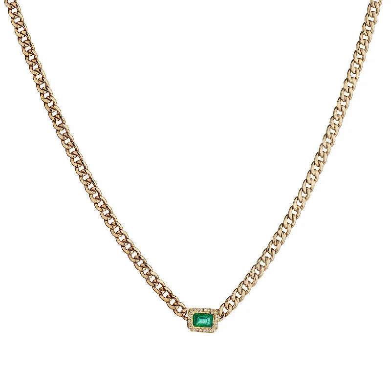 women personalized birthstone necklaces -GREEN EMERALD & DIAMOND PENDANT LINK CHAIN NECKLACE