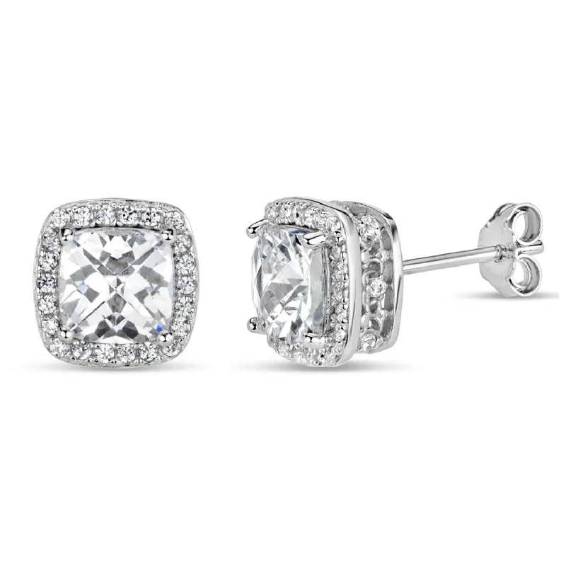 women eco-friendly earrings -Sterling Silver 6MM Cushion Cubic Zirconia Halo Stud Earrings