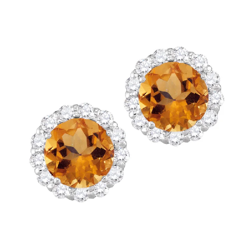 women crystal earrings -6MM Round Citrine and White Sapphire Birthstone Halo Stud Earrings in 10KT White Gold