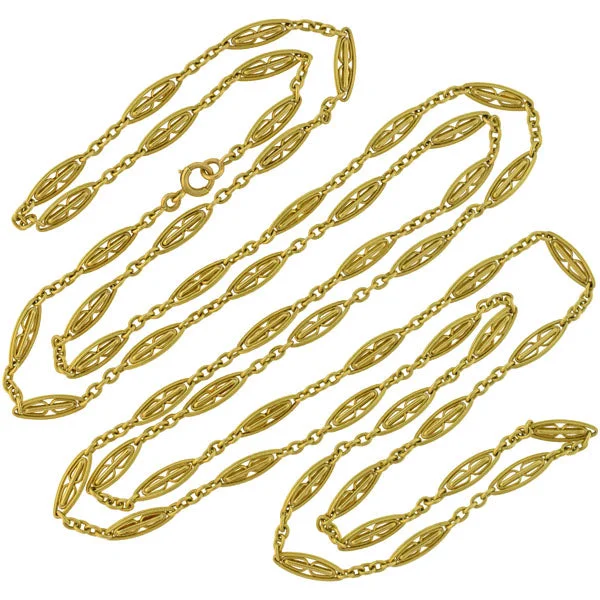 women layered gold necklaces -Victorian Long French 18kt Gold Link 60" Chain Necklace 42 Grams