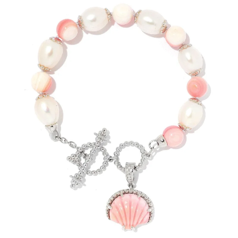 women heart-shaped bracelets -Dallas Prince Designs Sterling Silver 14 x 10.5mm Cultured Pearl & Gemstone Seashell Bracelet