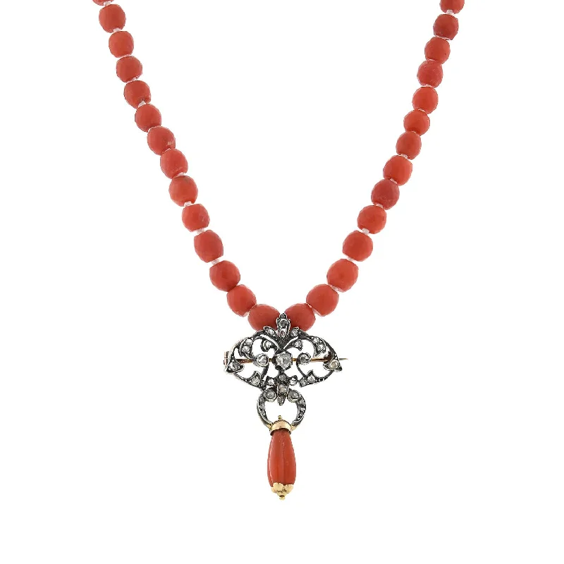 women statement chain necklaces -Victorian 15kt/Silver Diamond Pin/Pendant and Natural Coral Beaded Necklace