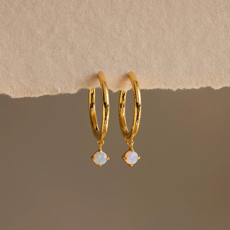 women trendy gold earrings -Dainty Opal Drop Huggies