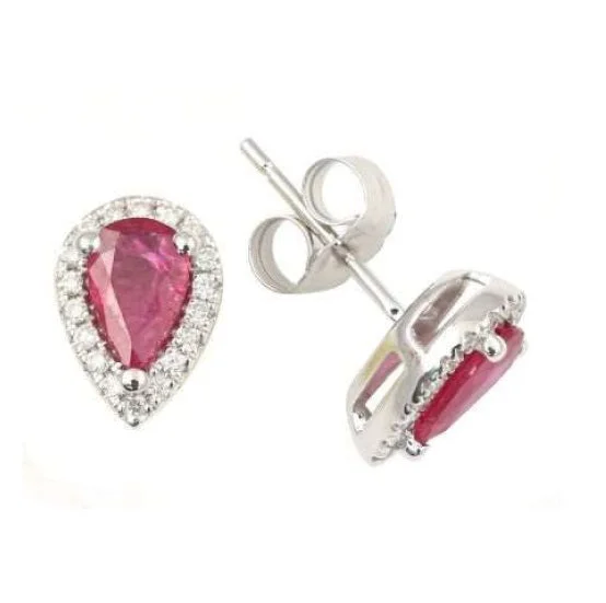 women gold earrings -5X3MM Pear Ruby and Diamond Halo Stud Earrings in 14KT White Gold