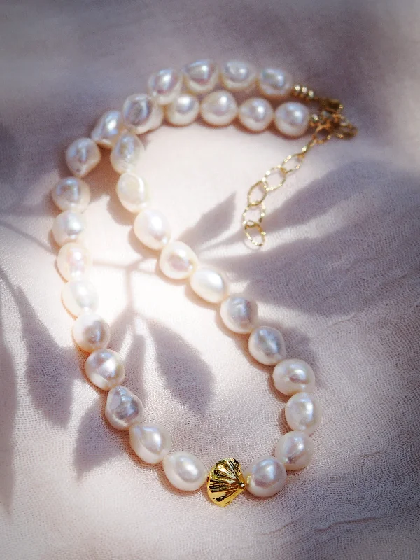 women vintage necklaces -Sale - Chunky White Pearl Necklace with Gold Seashell - Nanea