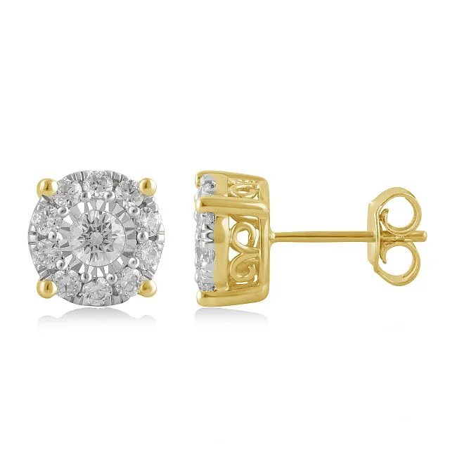 women adjustable earrings -1 CTW Diamond Cluster Stud Earrings in 10KT Yellow Gold