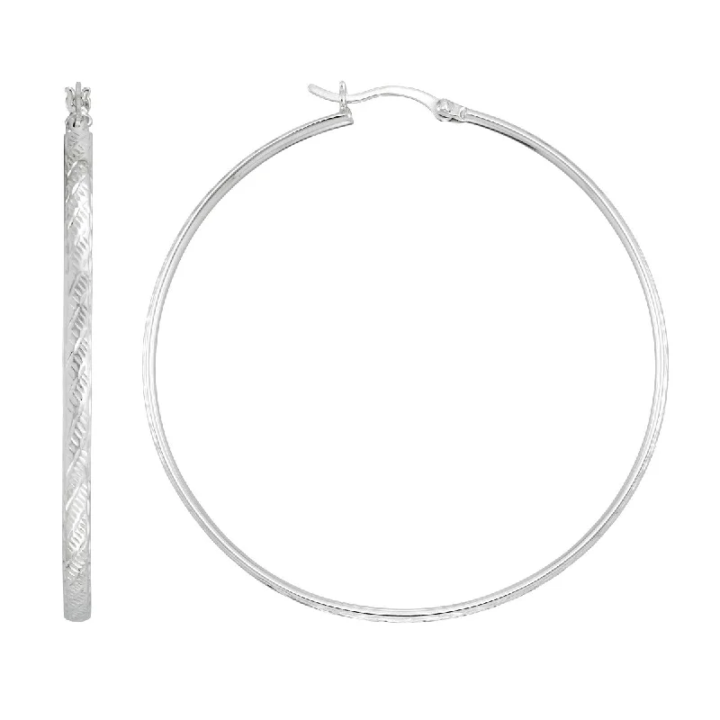 women sparkling earrings -Simone I Smith Collection Platinum Plated Sterling Silver 50X3MM Textured Hoop Earrings