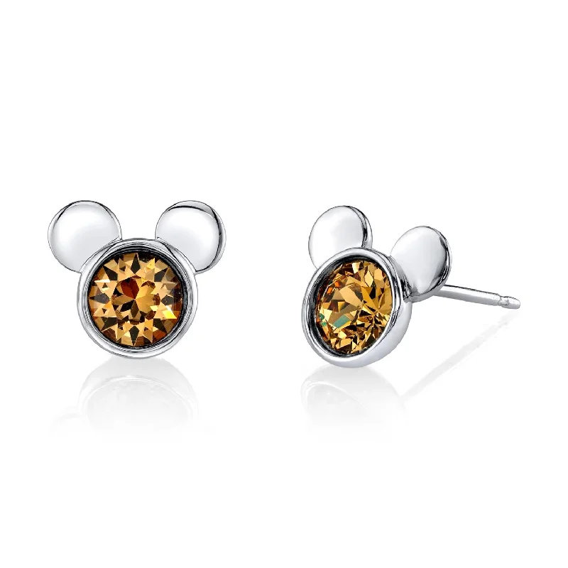 women eco-conscious earrings -Disney Sterling Silver Round Crystal Birthstone Mickey Mouse Stud Earrings