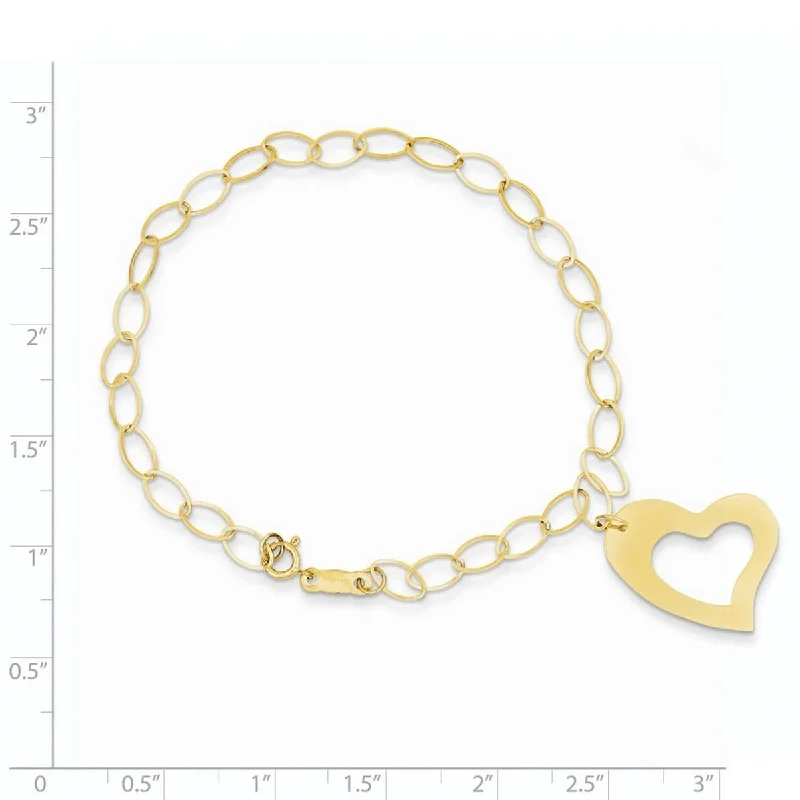 women gold plated bangles -Curata 14k Yellow Gold 7.25" Flat Polished Dangle Heart Tag Link Bracelet