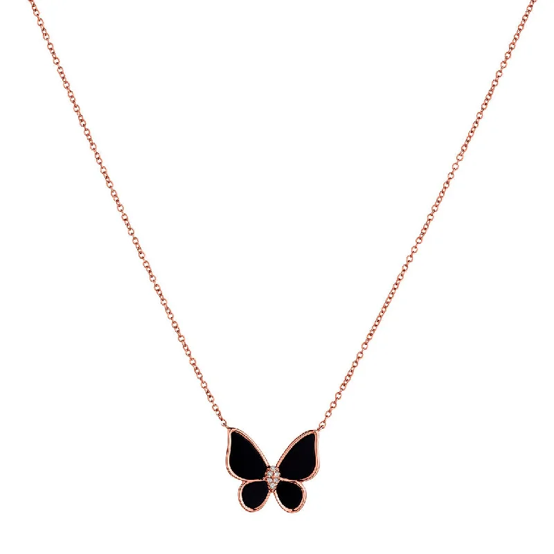 women geometric chain necklaces -BLACK ONYX  BUTTERFLY & DIAMOND NECKLACE