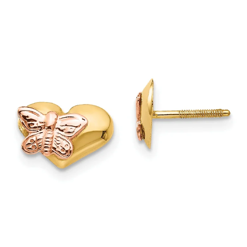 women hoop earrings -14KT Yellow and Rose Gold 8X9MM Butterfly Heart Stud Earrings