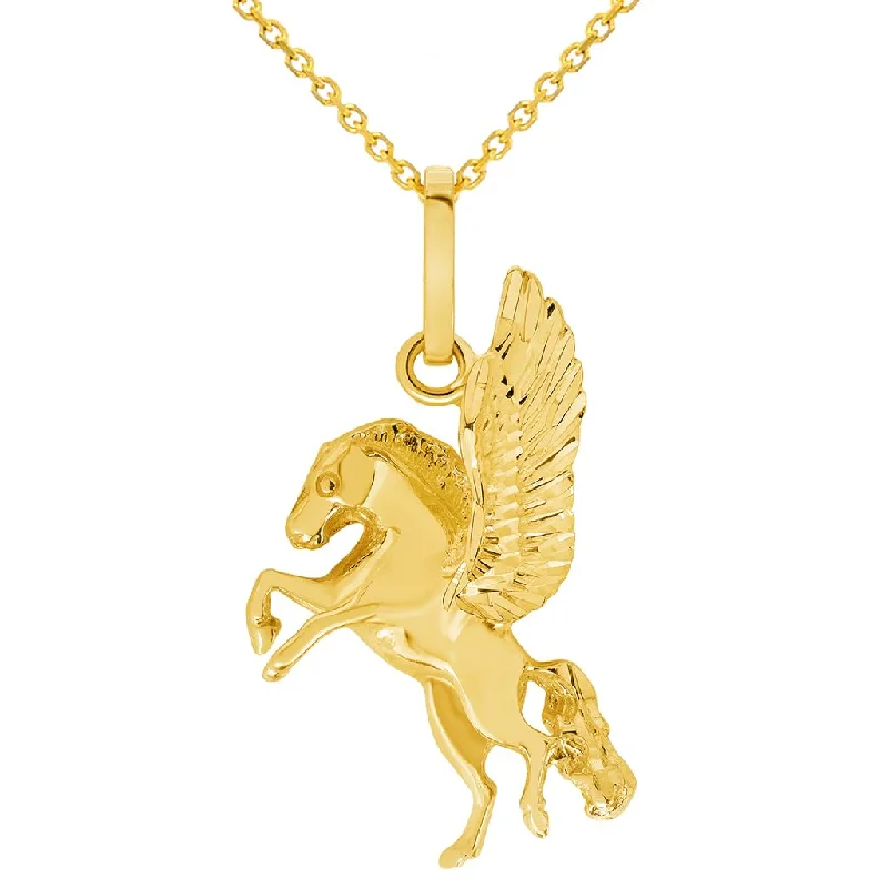 women romantic necklaces -Solid 14k Yellow Gold Flying Pegasus Horse Pendant with Rolo Cable, Cuban Curb, or Figaro Chain Necklace