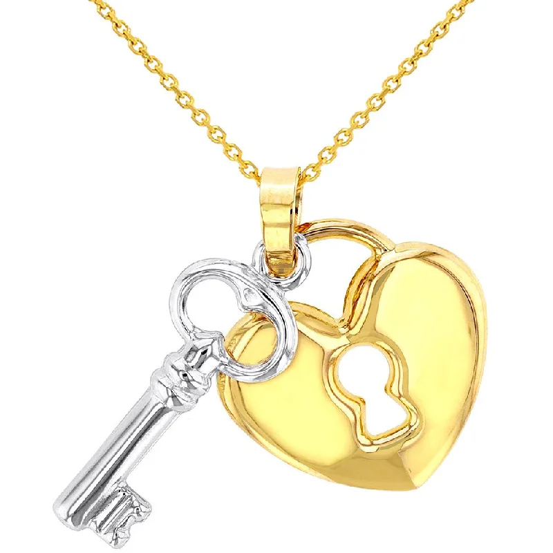 women custom name necklaces -Polished 14K Yellow Gold Heart with White Gold Love Key Pendant with Cable, Curb, or Figaro Chain Necklaces