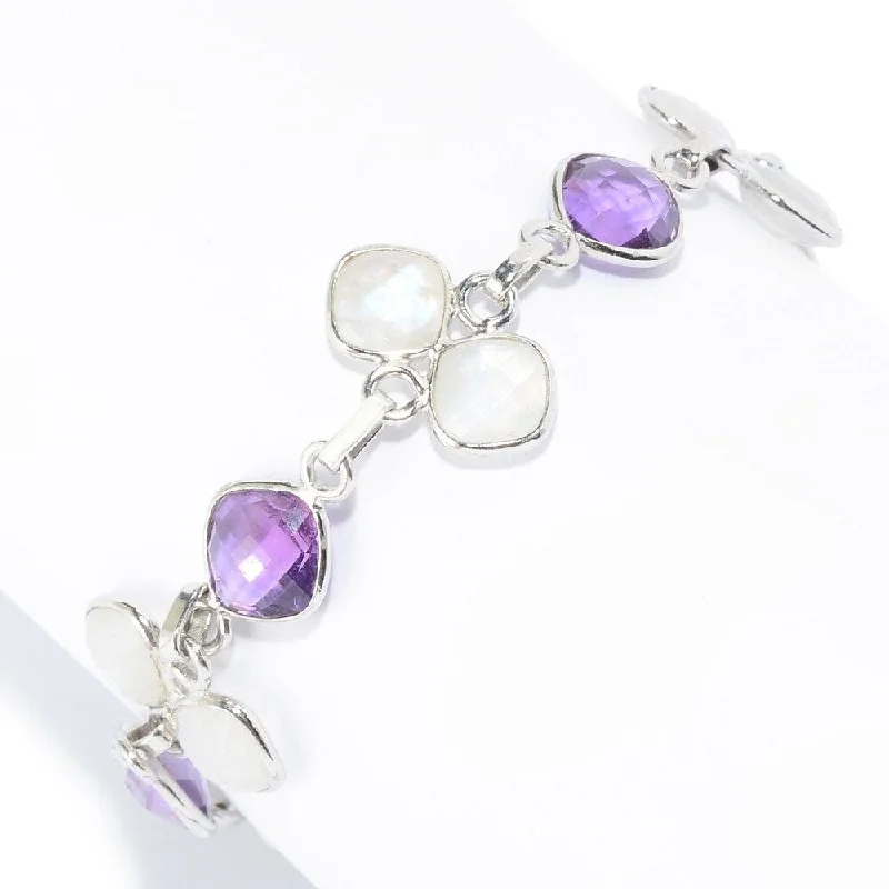 women heart-shaped bracelets -Sterling Silver Amethyst & Rainbow Moonstone Station Bracelet