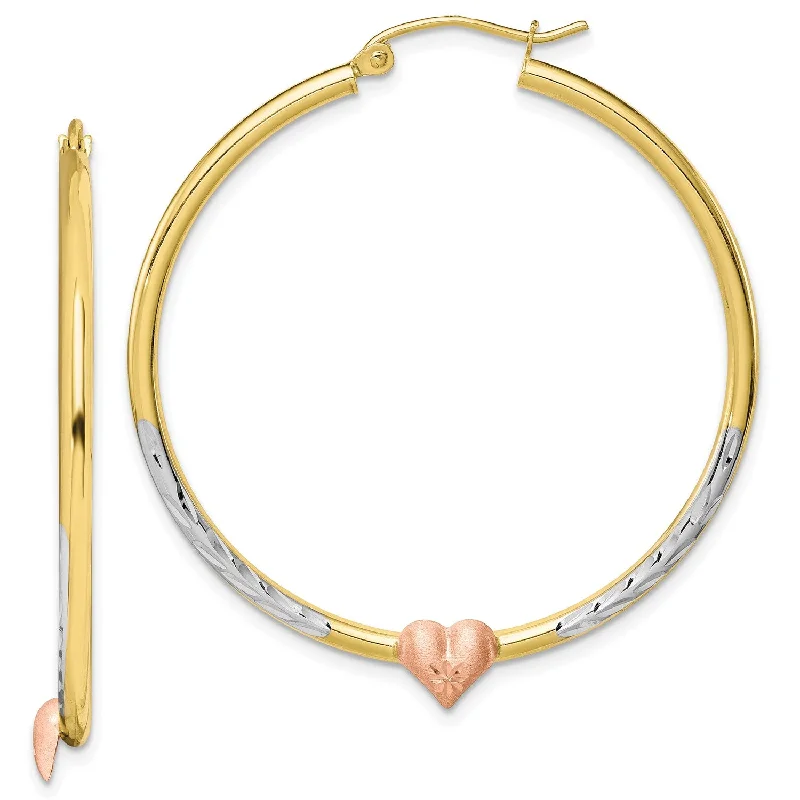 women radiant earrings -10KT Gold Tri-Color 3.5X40MM Diamond-cut Heart Hoop Earrings