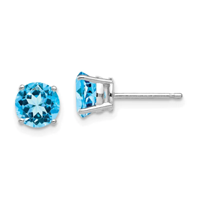 women unique earrings -6MM Round Swiss Blue Topaz Stud Earrings in 14KT White Gold