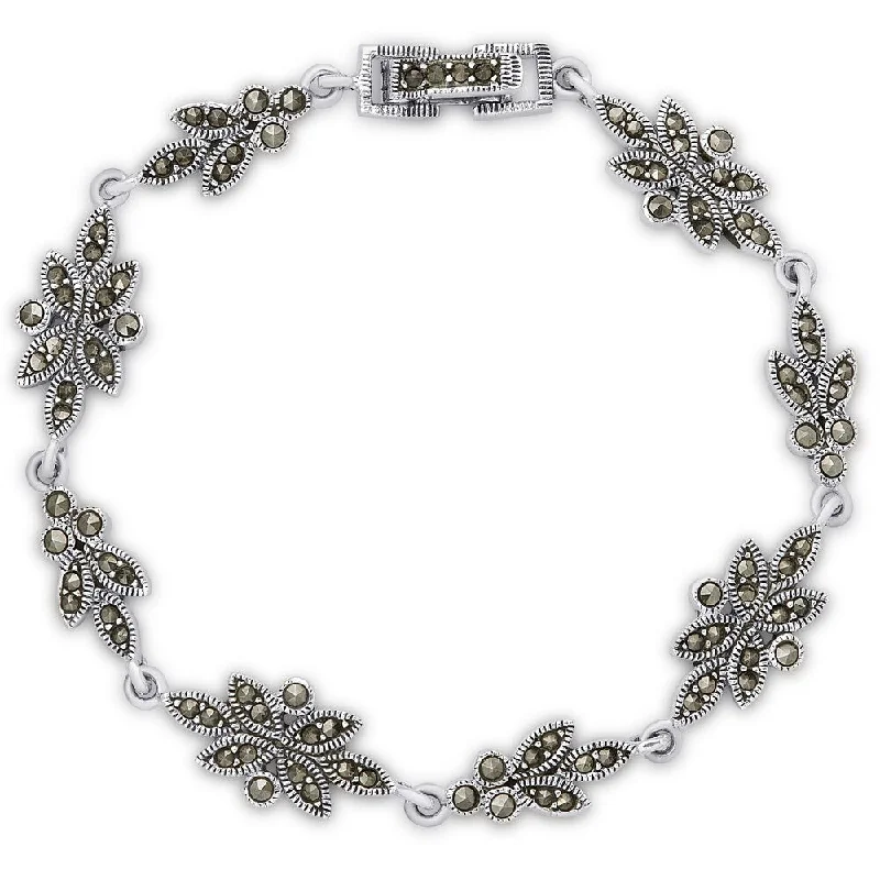 women elastic bracelets -Dolce Giavonna Sterling Silver Marcasite Flower Design Bracelet