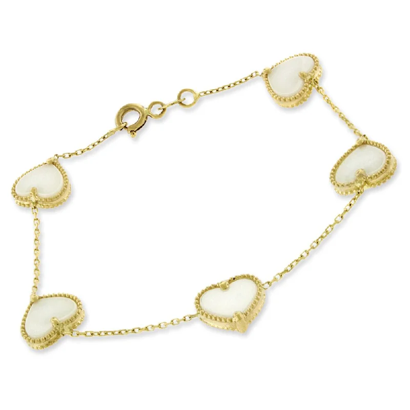 women dainty bracelets -14k Yellow Gold Womens Fancy White Pearl Hearts Cable Link Charm Bracelet Chain 6"…