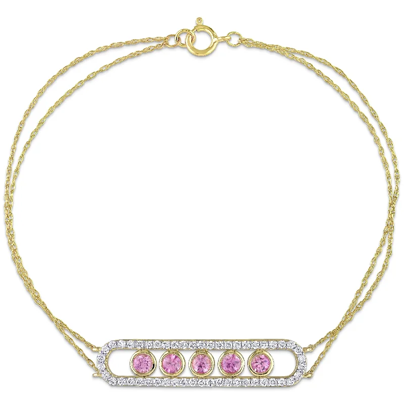 women beaded bracelets -Miadora Pink Sapphire & 1/2ct TDW Diamond 5-Stone Station Halo Bar Bracelet in 10k Yellow Gold