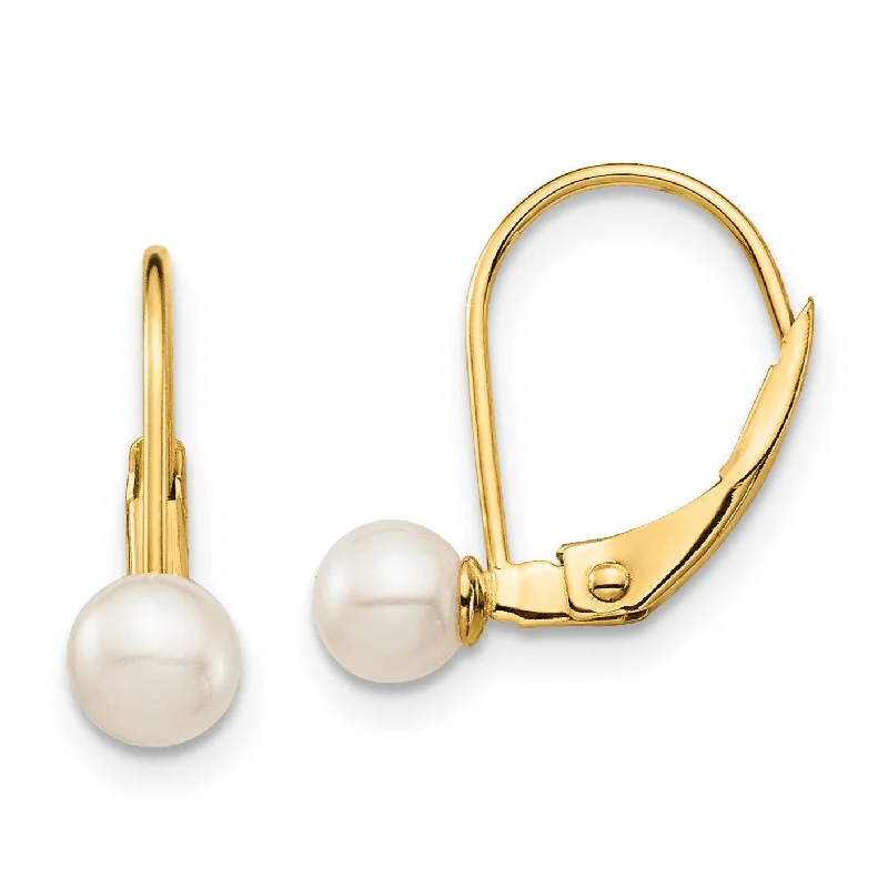 women silver hoop earrings -14KT Yellow Gold 4MM Round Pearl Leverback Earrings