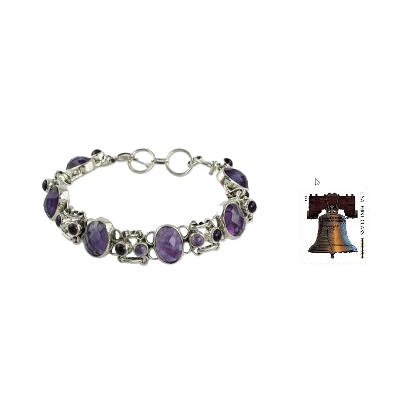 women beaded bangles -Handmade Silver Amethyst Royal Purple Link Bracelet (India) - Royal Purple