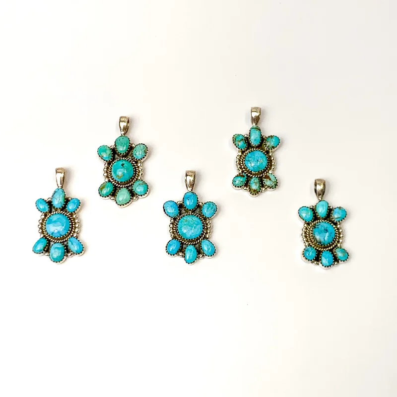 women handmade necklaces -Hada Collection | Handmade Sterling Silver Seven Stone Cluster Necklace Pendant with Kingman Turquoise Stones