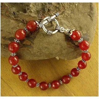 women stackable bangles -Handmade Sterling Silver 'Royal Glow' Carnelian Bead Bracelet (India) - Red