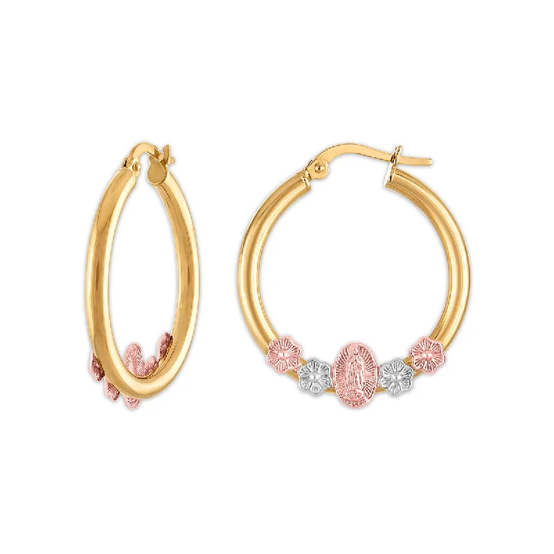 women gemstone earrings -10KT Tri-Color Gold Guadalupe Hoop Earrings