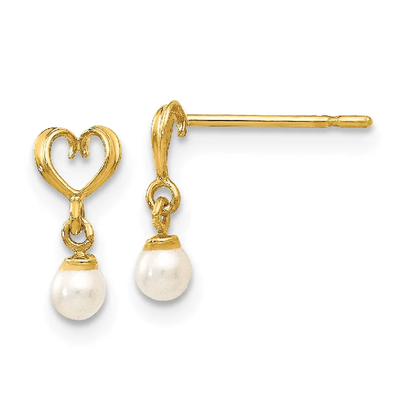 women large hoop earrings -14KT Yellow Gold Pearl 9X5MM Childrens Heart Drop & Dangle Earrings