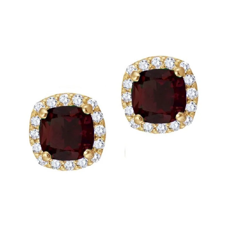 women fashion earrings -5MM Cushion Garnet and White Sapphire Birthstone Halo Stud Earrings in 10KT Yellow Gold