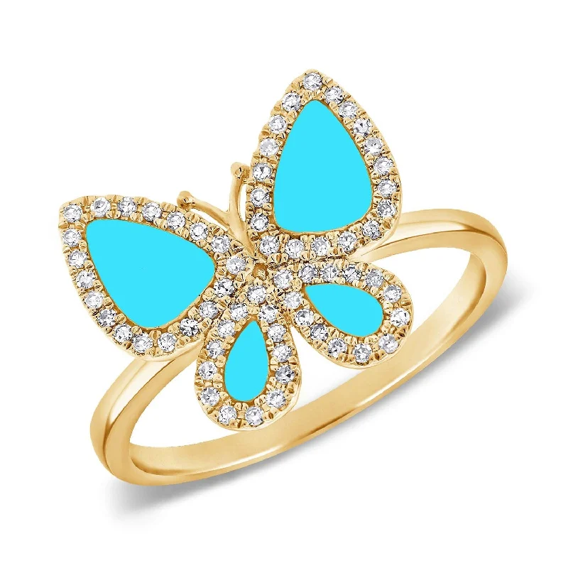 women matching engagement rings -14K Gold, Diamond & Turquoise Butterfly Diamond Ring