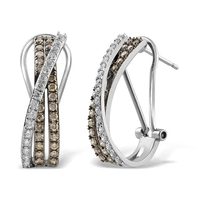 women silver earrings -1 CTW Diamond Hoop Crisscross Earrings in 14KT White Gold