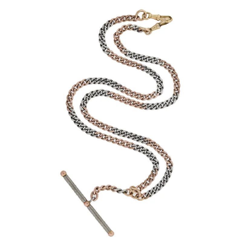 women gold necklaces -Edwardian 14kt/Platinum Curb Link Watch Chain + Toggle Bar Necklace 18"