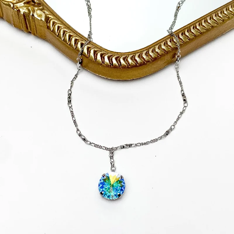 women engraved necklaces -Sorrelli | Nadine Long Crystal Pendant Necklace in Palladium Silver Tone and Aurora Borealis